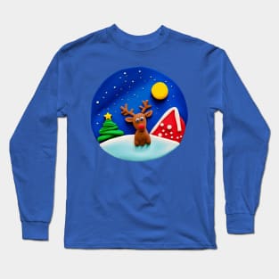 Cute Reindeer and Christmas Tree Snowy Winter Night Long Sleeve T-Shirt